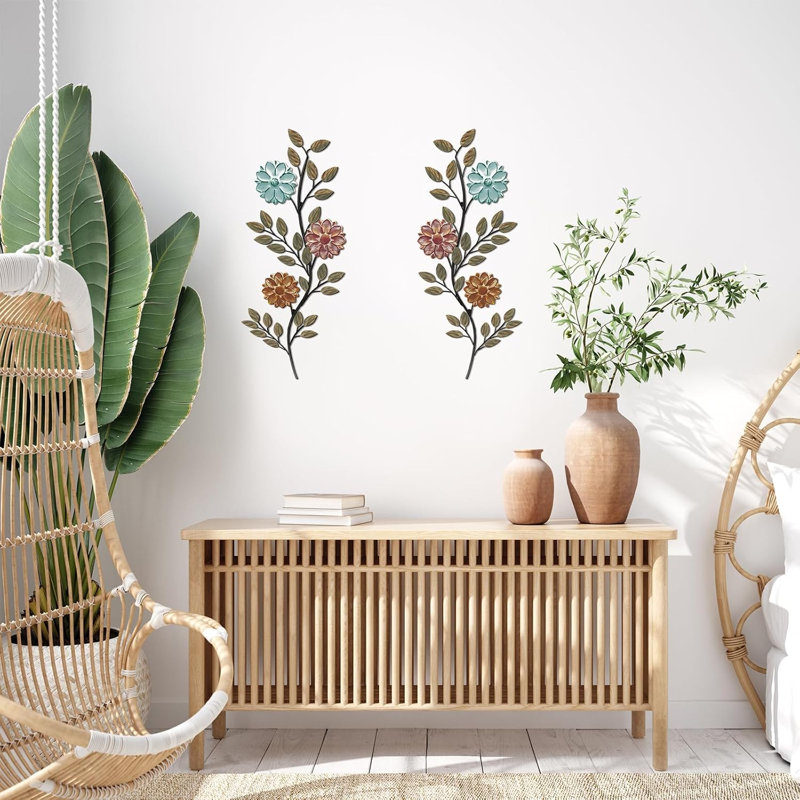 2 pièces de feuilles de fleurs en métal, art mural, printemps, décoration murale, 15,75 pouces, branche rustique, feuille, fer forgé, art décoratif
