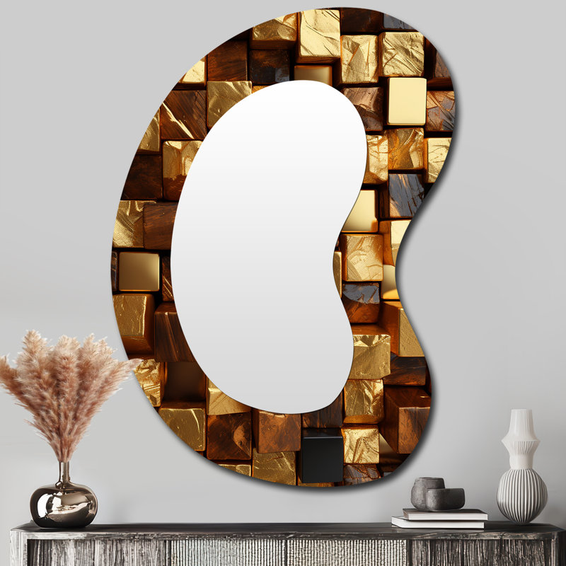 Regni de cubes abstraits noirs et dorés III - miroir géométrique asymétrique unique, grand miroir mural de forme irrégulière dorée, impression sur métal