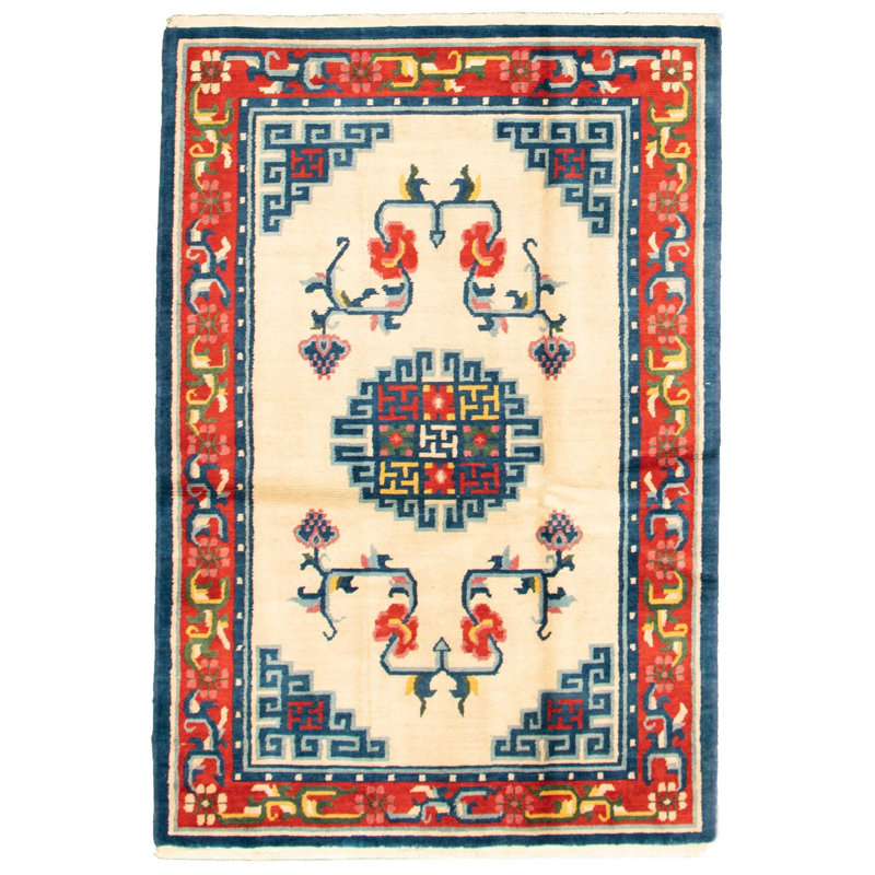 Tapis unique en laine noué à la main style Aubousson des années 1980 de 3 pi 11 po x 6 pi 6 po crème Kenin