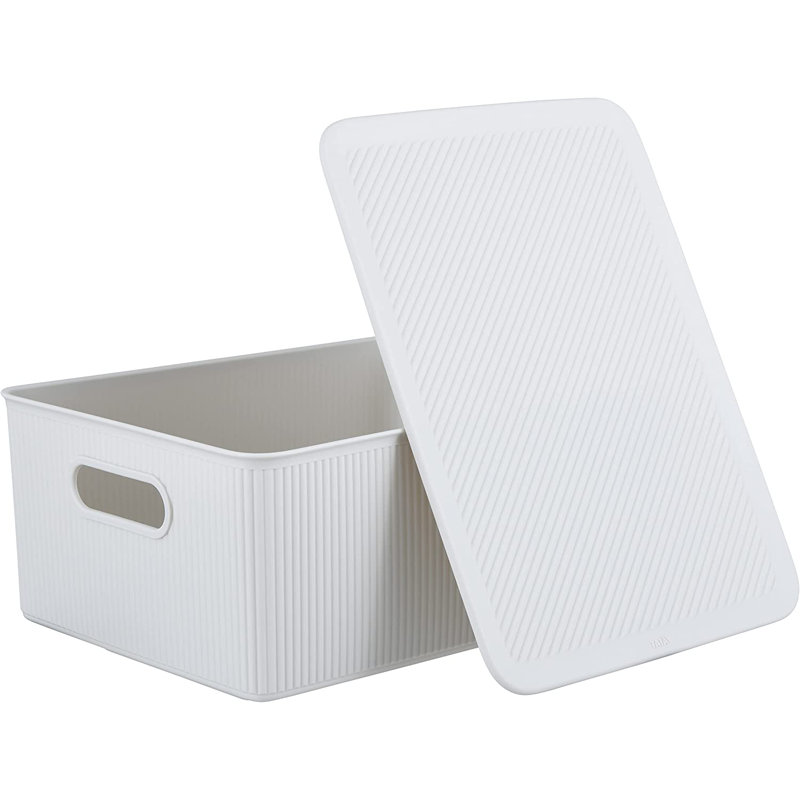 Large Off-White Ribbed Plastic Storage Box with Lid