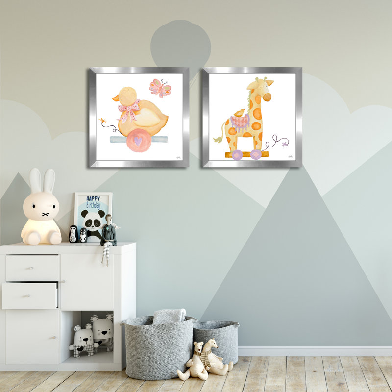 " Whimsical Duck " 2 - Pieces, Silver Framed, 17.5" H x 17.5" W x 1" D