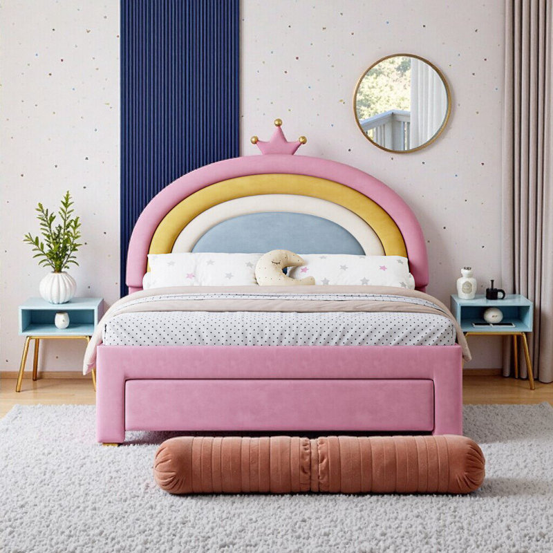 Lit plateforme double en velours arc-en-ciel pleine grandeur avec tiroirs de rangement Princess - rose, aucun sommier nécessaire