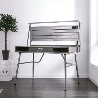 Bureaux, bureau d'ordinateur industriel moderne avec 1 tiroir, 2 tablettes Port USB, argent | Pieds en métal