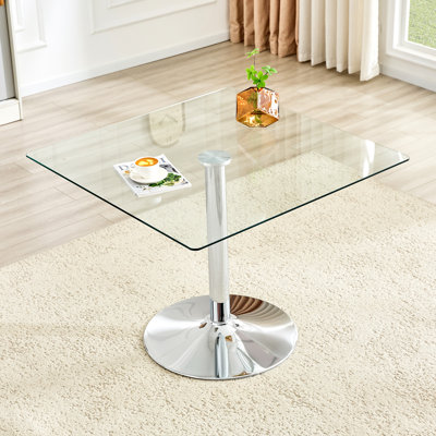 Table de salle à manger carrée en verre trempé transparent de 98 cm (38,5 pouces), table de cuisine moderne pour 2 à 4 personnes, pied central en métal argenté et transparent.