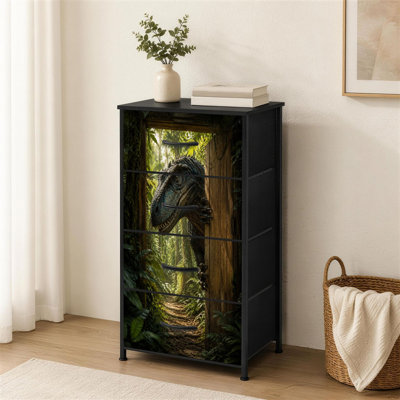 4-Drawer Dresser for Bedroom Realistic Dinosaur Peeking Wooden Door Green Jungle Small Tall Clothes Dresser for Closet Organizers with Chest of Drawer