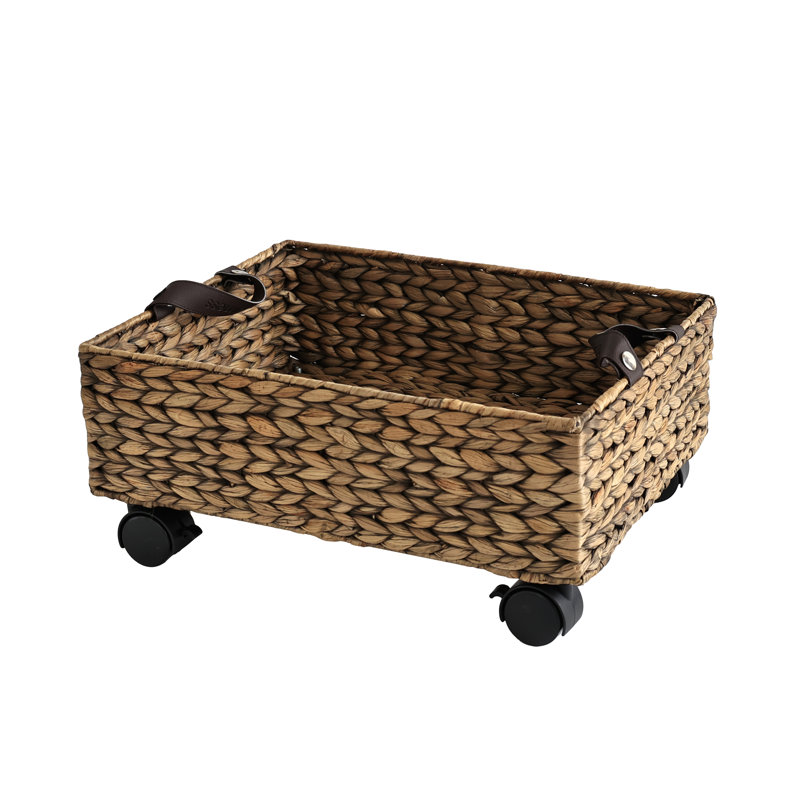 Adaline 18.11" Classic Farmhouse Handwoven Hyacinth Rectangular Underbed Storage Bin with Wheels and Handles, Brown