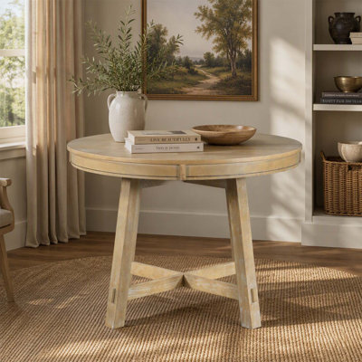 Table de salle à manger ronde extensible de style campagnard avec rallonge de 40 cm, fini bois naturel, idéale pour des repas polyvalents et élégants.
