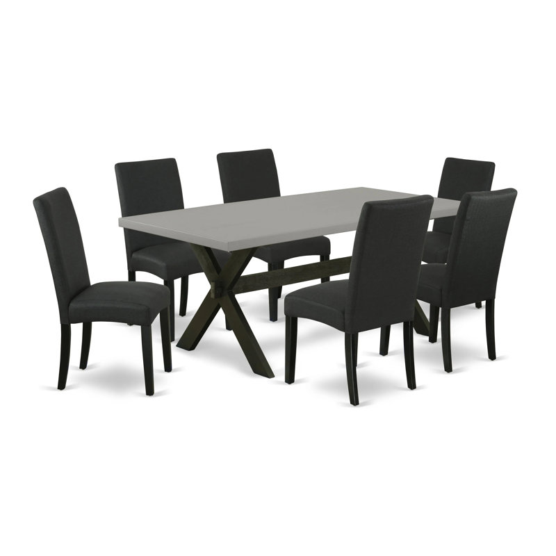Ensemble de table de salle à manger 7 pièces comprenant une table de salle à manger rectangulaire avec pieds en X et 6 chaises Parson rembourrées en tissu de couleur noire, noir brossé
