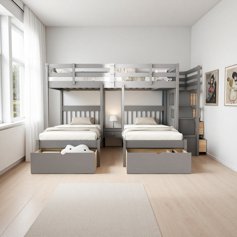 Lit superposé double au-dessus de simple et simple avec tiroirs et garde-corps, Gris