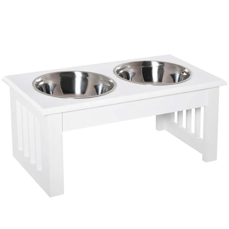 Support pour bols surélevés de 15 cm pour chiots, en acier inoxydable avec cadre en bois, blanc. Minimise les projections et améliore le bien-être général de votre animal. La taille des bols réduit le gaspillage alimentaire et favorise la digestion.