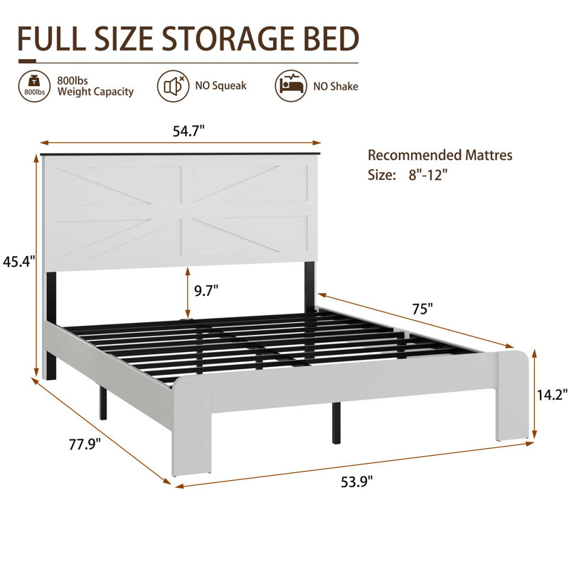 Full Size Wood Platform Bed Frame with Headboard, Large Under-Bed Storage, Noise-Free, No Box Spring, White, Full