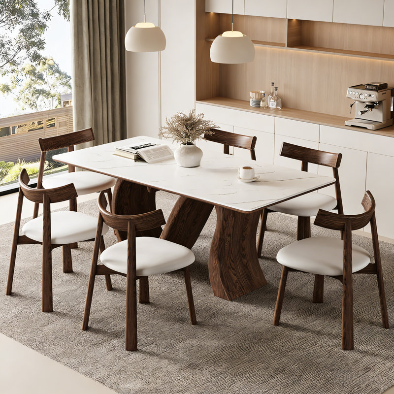 62.9" Creative S-shaped Walnut Base Round Dining Table With Marble Effect Surface-- Arrtle Furniture