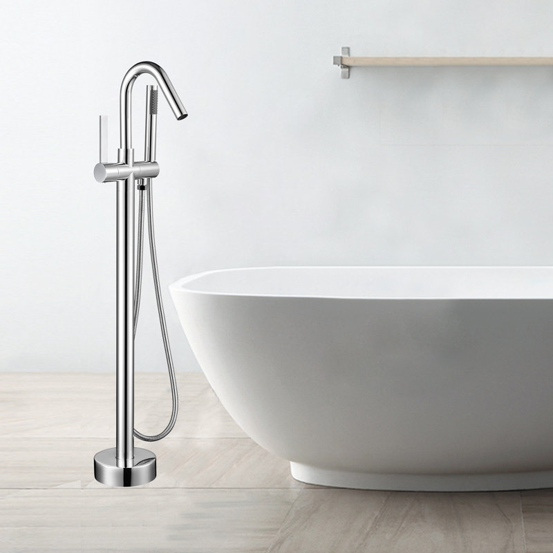 Single Handle Floor Mounted Tub Filler Trim with Handshower, Polished Chrome