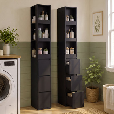 Armoire de rangement haute et étroite sur pied pour salle de bain, avec étagères ouvertes et 3 tiroirs, colonne de rangement pour linge au sol pour buanderie, salon, petits espaces compacts