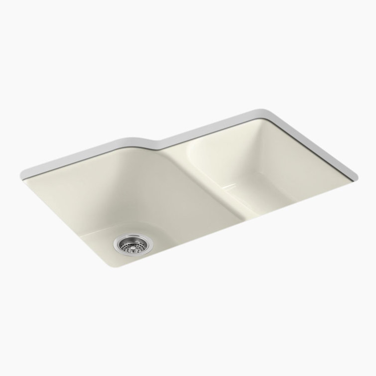 KOHLER Executive Chef Undermount Cast-Iron 33 in. 4-Hole Double Bowl Kitchen Sink in Sea Salt