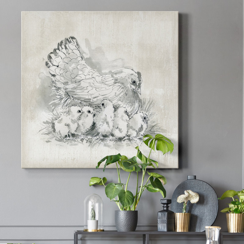 Poule et poussins - reproduction sur toile tendue, H 40 po x l 40 po x P 1 po