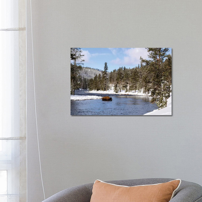 Yellowstone National Park, Bison Crossing River in Winter 1 Piece Wrapped Canvas Wall Art