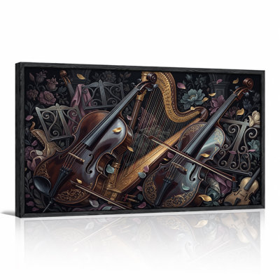 Brown Cellos and Golden Harp in Floral Garden Canvas Wall Art