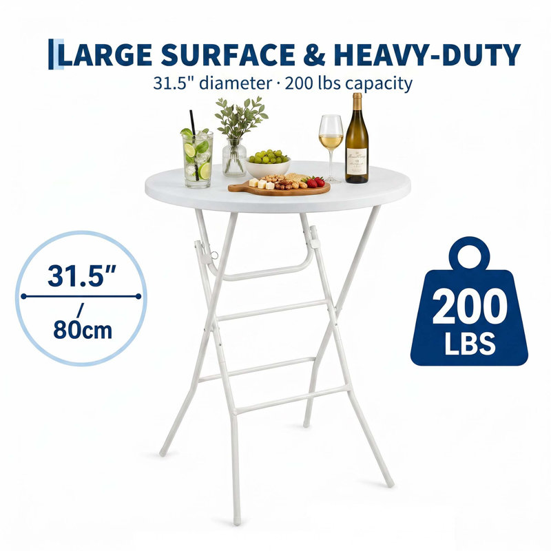 Table de cocktail pliante ronde de 31,5 pouces, table de pub portable à plateau haut | Table de bar pliable en PEHD avec pieds détachables pour une fête de mariage