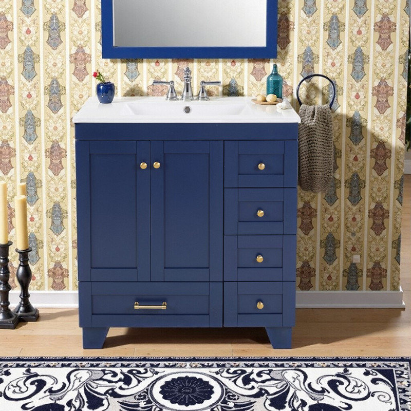 Meuble-lavabo 30 po avec lavabo en céramique, Bleu / doré