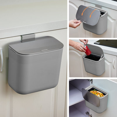 1.8 Gallon Hanging Trash Can with Stainless Steel Lid, Under Sink Compost Bin for Kitchen Cabinet Door Mounted, Food Waste Container for RV, Bathroom, Office, Gray