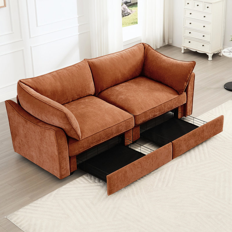 Chenille orange 2 places avec rangement caché dans le repose-pieds et le siège, conception douce enveloppante en croissant faite de chaque passepoil lisse