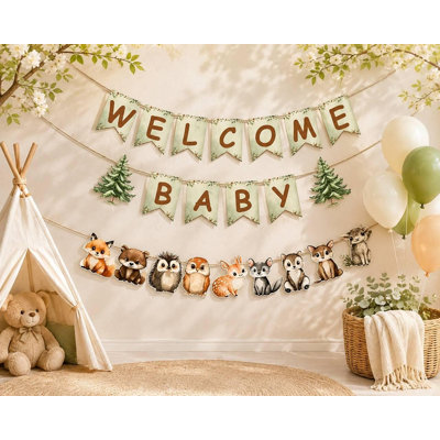 Woodland Welcome Baby Banner - Forest Animal Baby Shower Decoration - Rustic Greenery Baby Shower Garland - Gender Neutral Party Decor