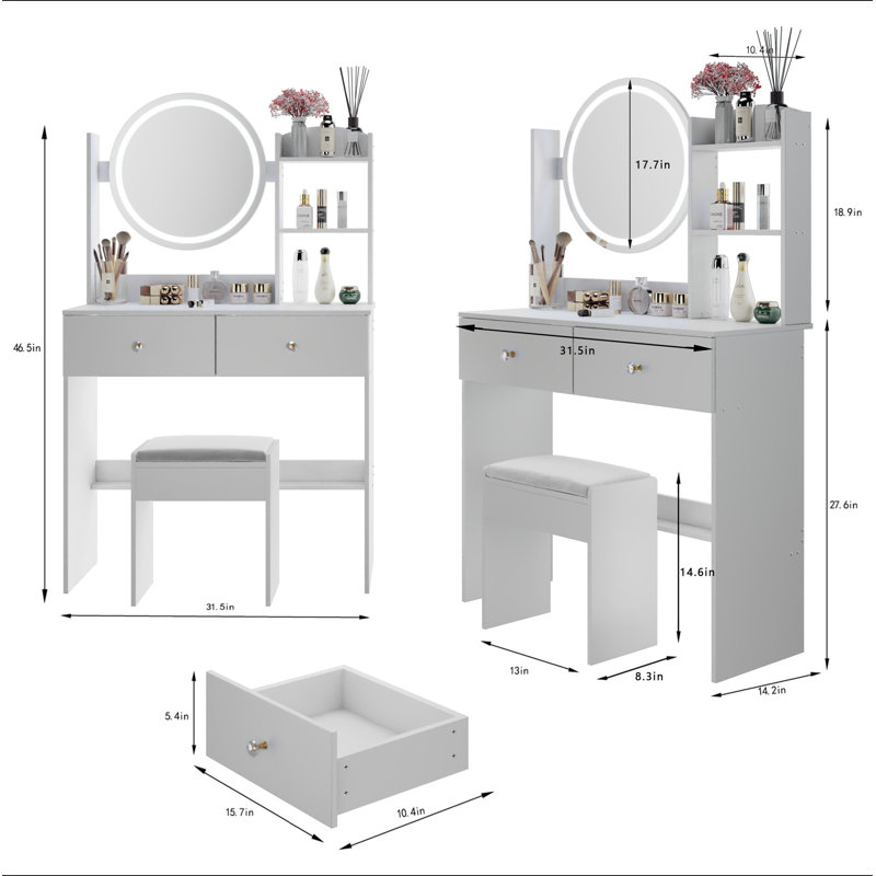 17" Round LED Mirror Vanity Table + Soft Cushion Stool Suit, Large Mirror, Touch Switch, 3 Colors, Adjustable Brightness, Large Desktop, Multi-Layer High Capacity Storage, Suitable For Small Space