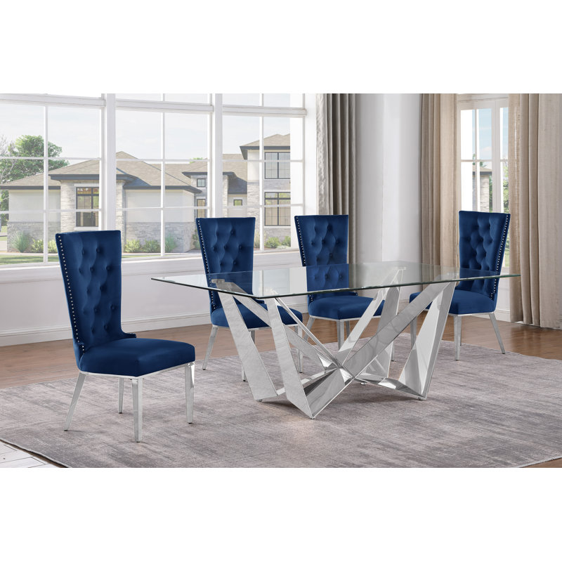 Lebanon Glass Top Trestle Dining Set, Navy Blue/Silver, 5