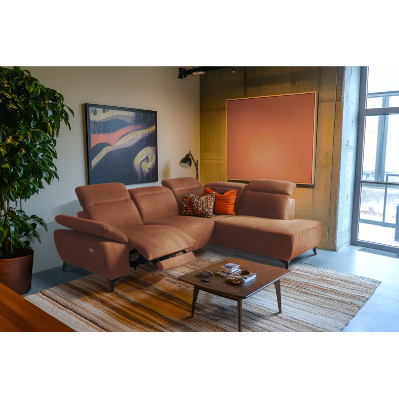 Relaxio Stylish Corner Sofa with Power Reclining & Multi Position Headrests & Adjustable Armrest, Orange, Right Hand Facing