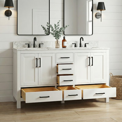 60" Cerny Cabinet Set With Granite Top, Solid Wood Cabinet With Double Sink White