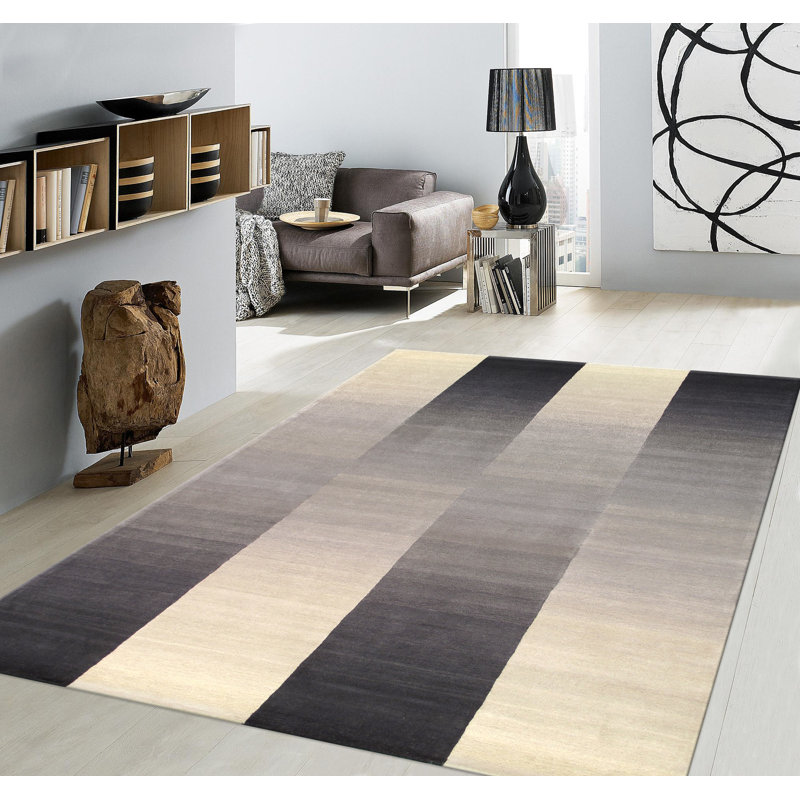 Tapis argenté / ivoire touffeté à rayures Rodeo, Rectangle 7 pi 9 po x 9 pi 9 po