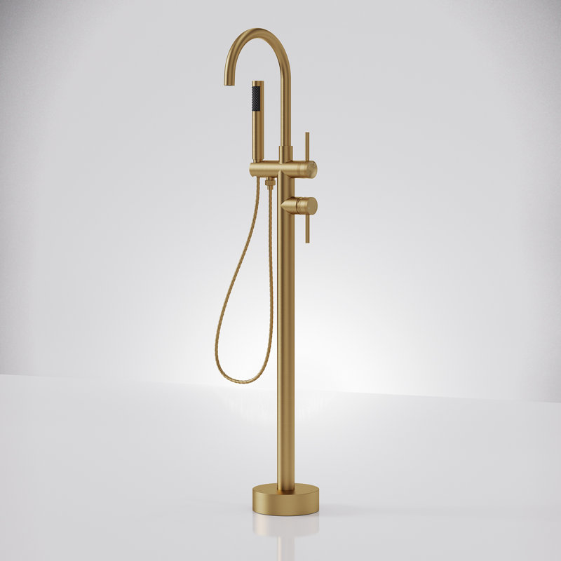 2 Handle Bathroom Freestanding Tub Filler Bathtub Floor Mount Faucet withe Diverter, Brushed Gold