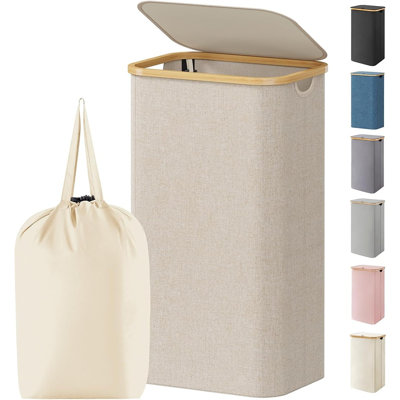 100l Laundry Basket With Lid, Foldable Clothes Hamper With Removable Laundry Bag & Bamboo Handles For Bedroom, Bathroom, Dorm & Laundry Room, Beige