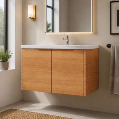 Meuble-lavabo suspendu de 91 cm avec lavabo, armoire murale en contreplaqué, porte à fermeture amortie, lavabo en céramique antidébordement