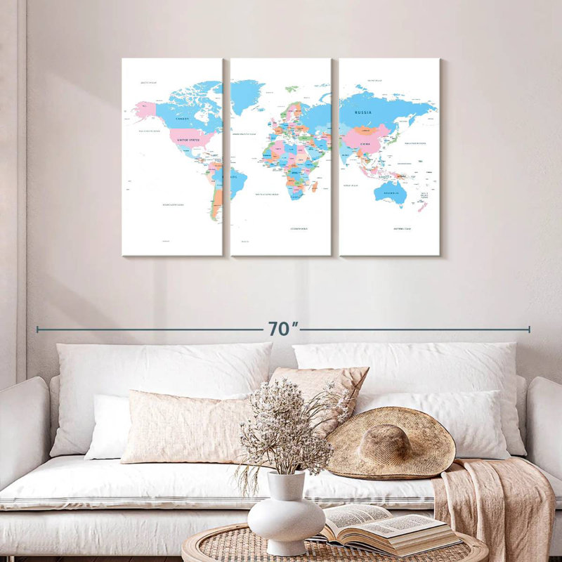 Carte du monde des pays pastel, H 28 po x l 45 po