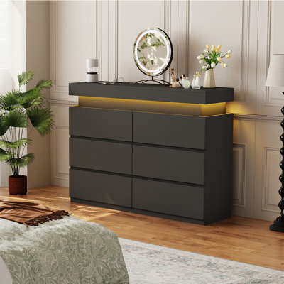 39" TV Stand With Drawers, 6 Drawer Dresser For Bedroom, Dressing table With LED Light Black