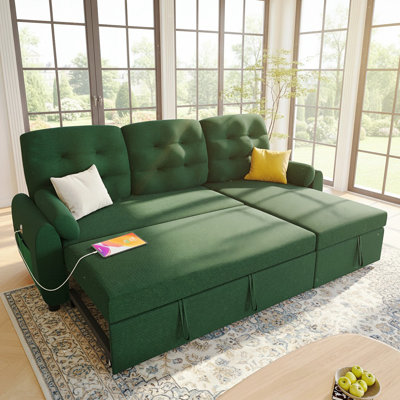 Canapé-lit modulaire réversible de 86 po avec méridienne de rangement, canapé-lit escamotable pour meubles de jeux et de loisirs, canapé en tissu de lin avec station de charge, poche latérale et dossier amovible