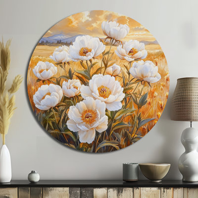 Pivoines dans un champ d'automne chaleureux II - pivoines rondes, décoration murale en métal