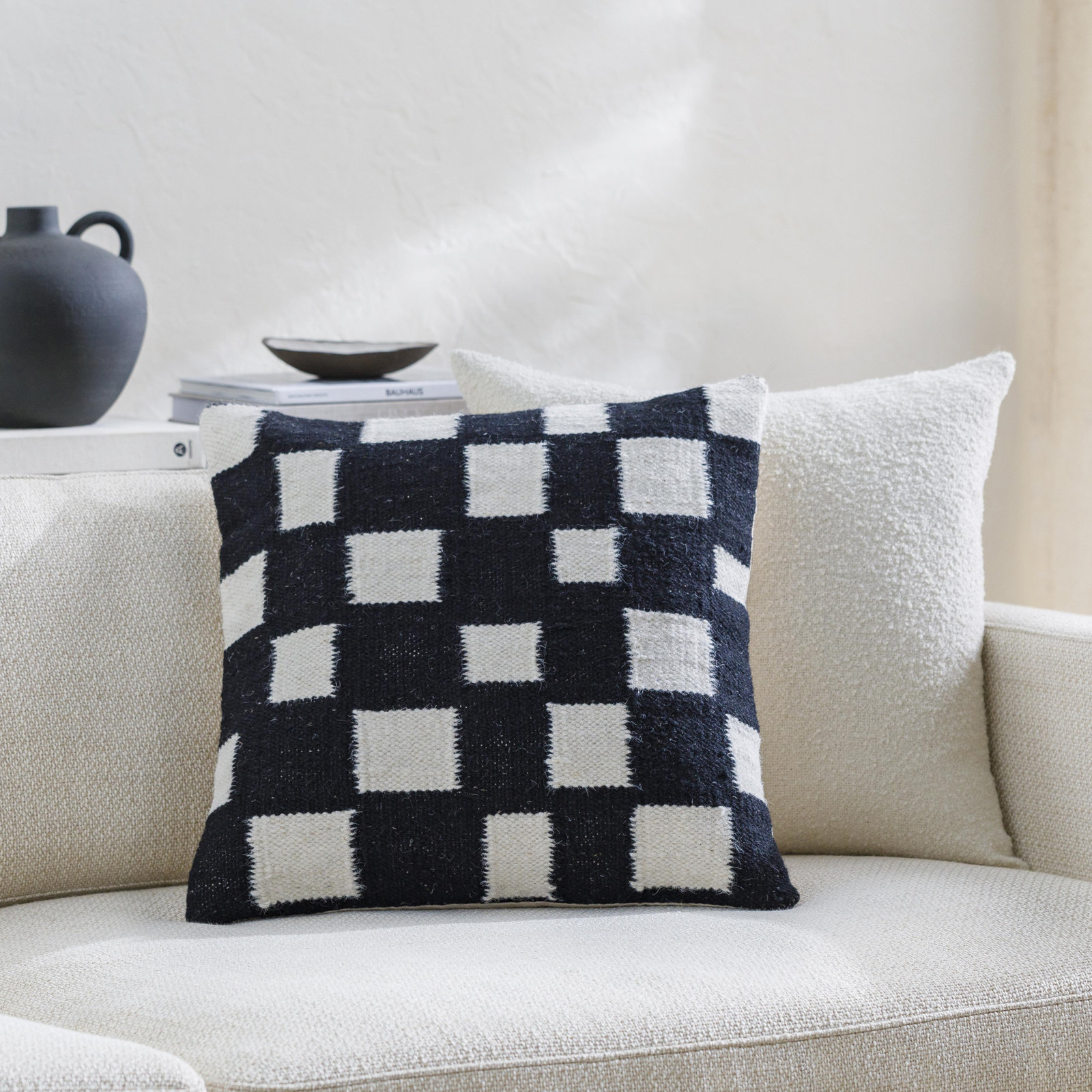 Leonida Geometric Cotton Throw Pillow, Gray/Off-White, 18"H x 18"W, Down