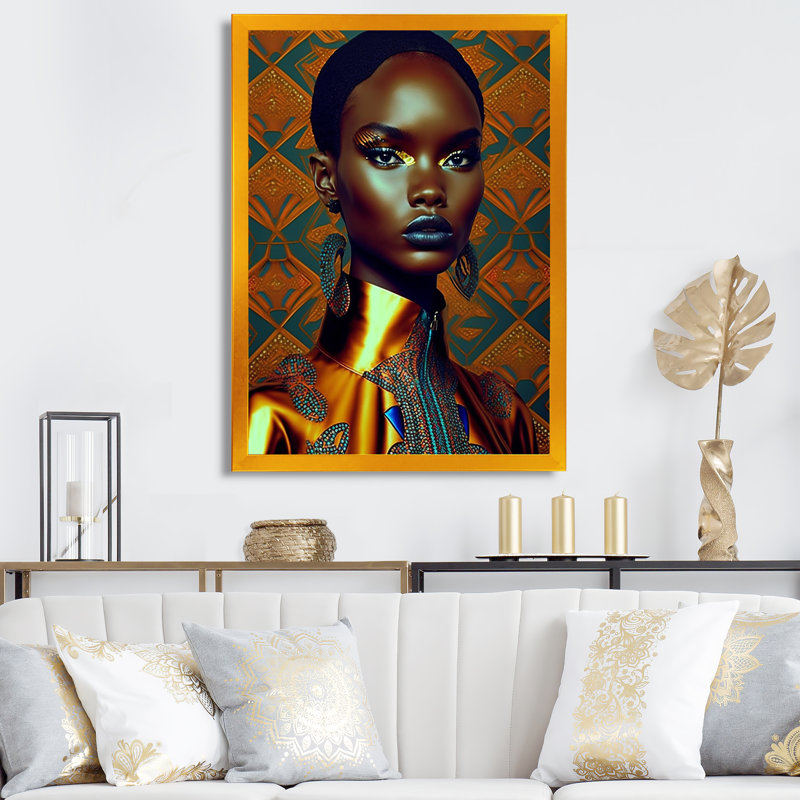 «Exquiste African Woman Design II», reproduction sur toile, H 20 po x l 12 po x P 1 po, Encadrement doré