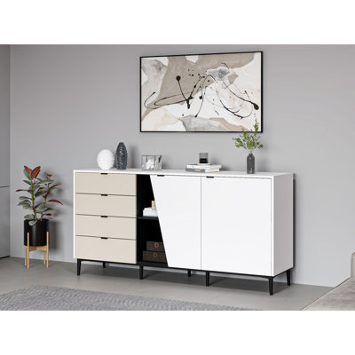 Console moderne avec pieds en métal, blanc / noir / grès, 70,9 po x 35,4 po x 17,7 po | 100% panneau de particules enduit de mélamine, épaisseur: 0,7 pouce | Plusieurs tablettes murales pour un rangement et une présentation élégants