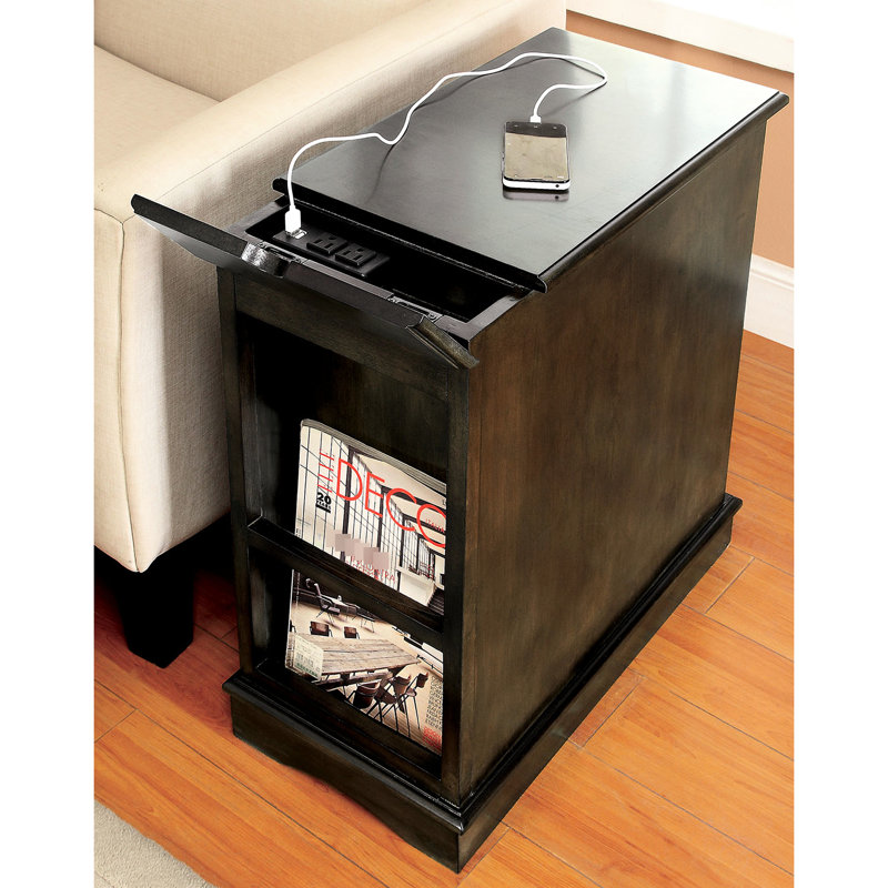 Table d'appoint grise à rangement transitionnel avec prise intégrée, porte-gobelet coulissant et rangement pour armoire, matériau en bois massif, poids de 48 lb avec support, fabrication de magazines à prise, 15 po