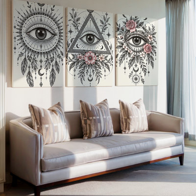3 Pieces Exculisive Mystical Eye and Floral Triptych Black Ink Large Wall Art Boho Panorama, Canvas Decor for Living Room, Bedroom and Office