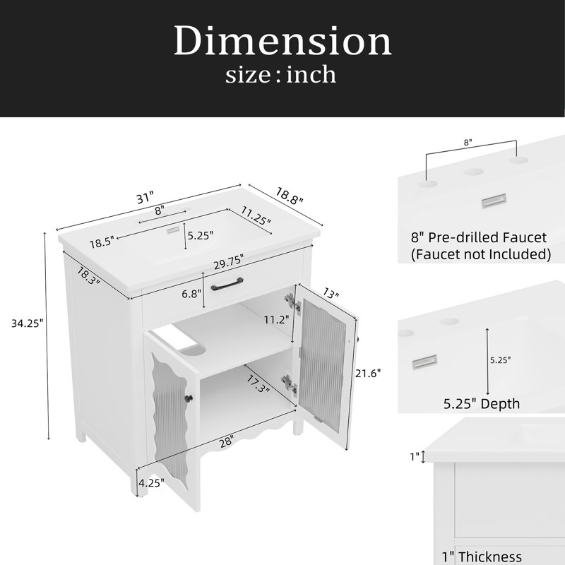 Meuble-lavabo 31 po avec verre trempé, armoire de salle de bain moderne avec pieds en bois d'hévéa et portes à fermeture en douceur