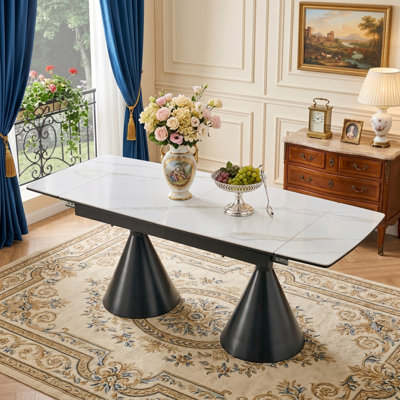 79 Inch Extendable Sintered Stone Dining Table for 4 to 8 with Marble Look Top and Black Metal Pedestal Base