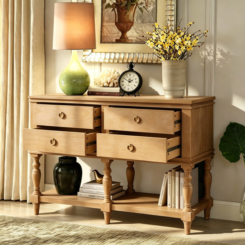 Console rétro de 42 pouces avec structure en bois massif et quatre tiroirs à fermeture en douceur pour le rangement et la décoration