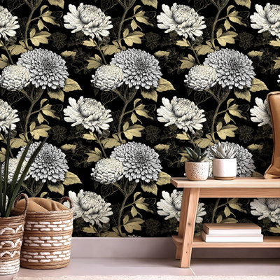 Papier auto-adhésif à motif de papier peint à motif floral rétro auto-adhésif foncé et amovible 24 po x 118 po (60 x 300 cm)
