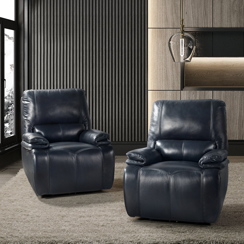 Carrina Genuine Leather Power Recliner, Navy Genuine Leather
