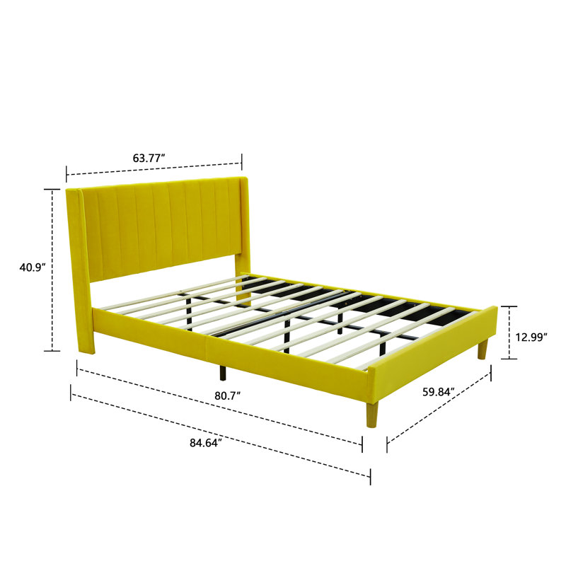 Lit plateforme tapissier avec tête de lit à oreilles Eriksay, Velours jaune, Grand